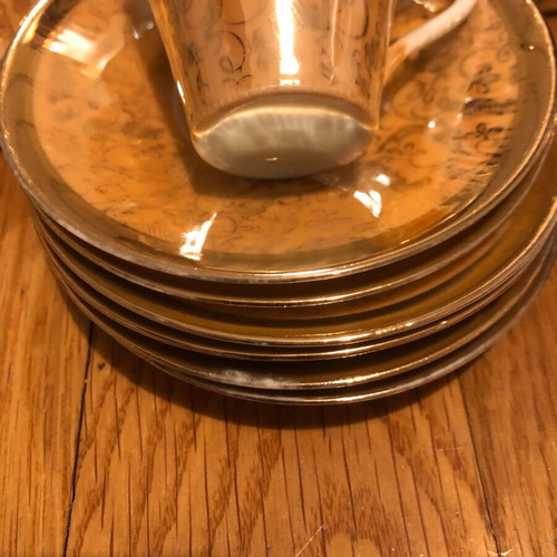 Coffee set used, gold-orange, 5 cups and 6 saucers, antique