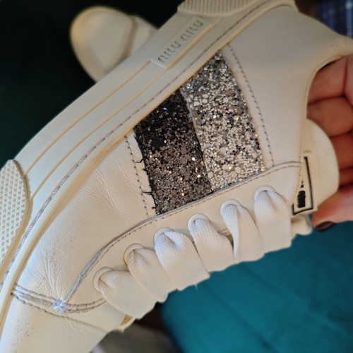 Miu Miu Glitter Stripe Leather Sneakers like new, size 36, white