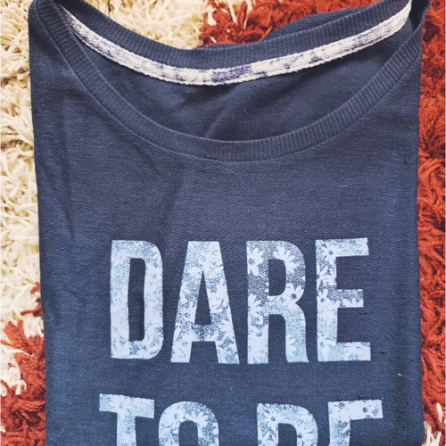 Dare to be daring top like new, blue with 3/4 sleeve and floral letters