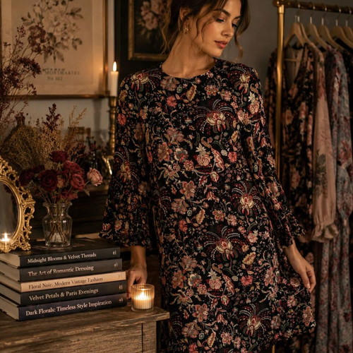 H&M floral mini dress black with bell sleeves, used, size M