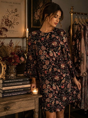 H&M floral mini dress black with bell sleeves, used, size M