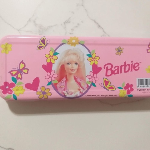Barbie 1994 metal pencil case used vintage with notepad and pencil