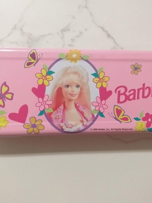 Barbie 1994 metal pencil case used vintage with notepad and pencil