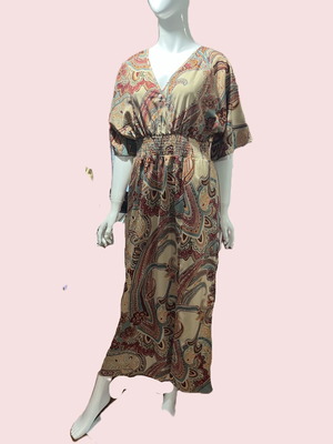 Printed dress size L like new, summer with side slits and elastic under bust