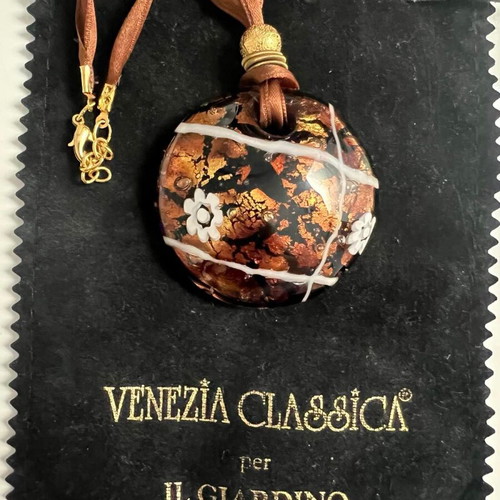 Murano pendant used blue with gold and amber leaf