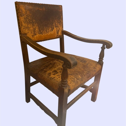 Prewar leather armchair used with patina, unique piece
