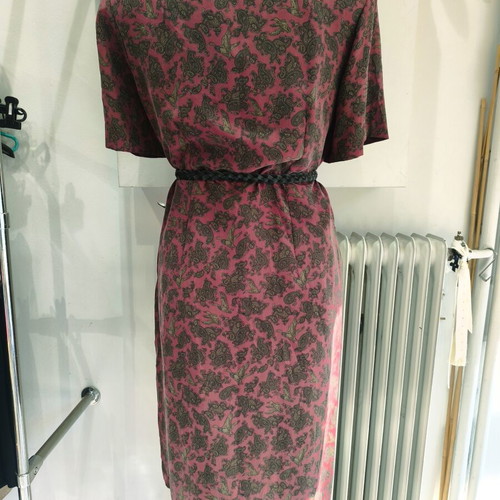 Hand made silk dress size L, like new, burgundy with duck pattern