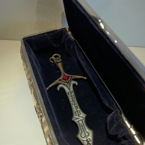 Alchemy Gothic Sword Pendant used, 1993, pewter and crystals