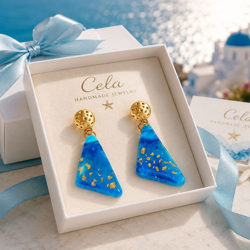 Handmade Aegean Blue Earrings with Liquid Glass and Gold Leaf