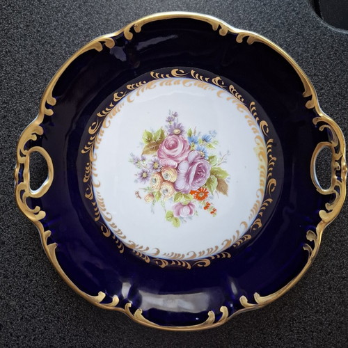 Limoges porcelain plate used, cobalt blue and gold, 20x20 cm