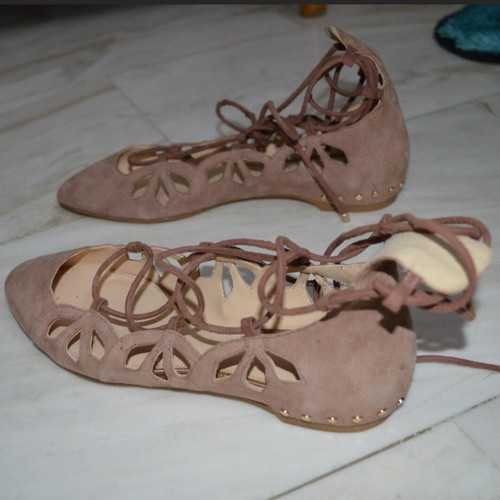 Zara suede-leather ballet lace-up flats new, dusty mauve pink, size 38