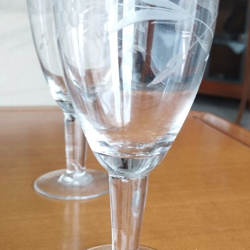 Vintage set of 7 wine and liqueur glasses with floral etching