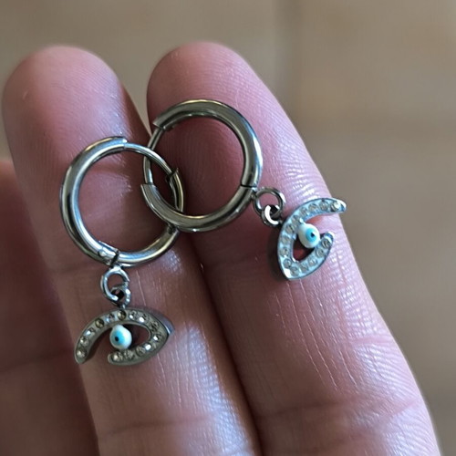 Stainless Steel Hoop Earrings with Hanging Evil Eye and Zirconia