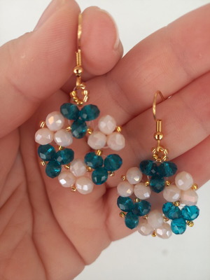 Teal Beaded Earrings handmade, new, beige and turquoise