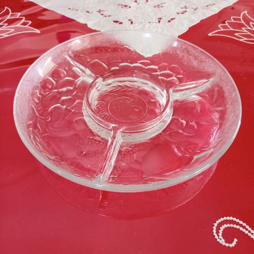 Glass serving platter with 3 compartments used, embossed design