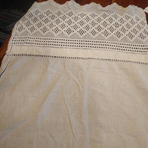 Handmade white cotton tablecloth with crocheted lace unused