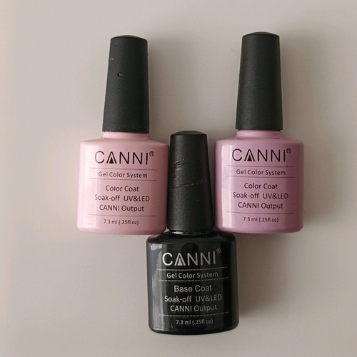 Canni semi-permanent nail polishes like new, 2 colors and base coat