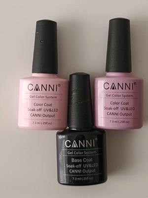 Canni semi-permanent nail polishes like new, 2 colors and base coat