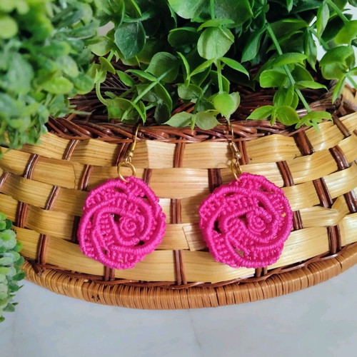 Handmade Boho Rose Micro Macrame Earrings made to order pink gold