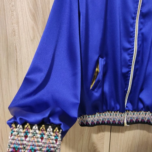 Handmade Bomber Jacket new, blue-purple with embroidered knit trims