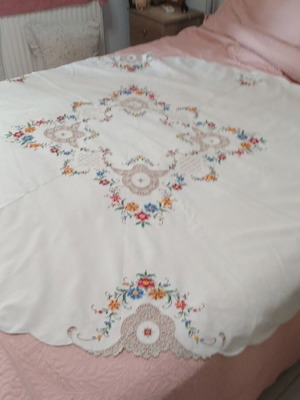 Round Tablecloth beige vintage handmade with embroidered and knitted motifs