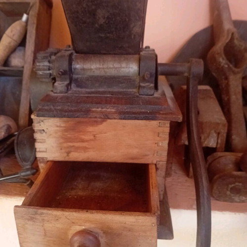 Grinding mill used, wooden with metal parts, antique