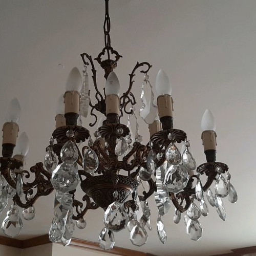Bronze chandelier used with multiple crystals, vintage 70's from USA