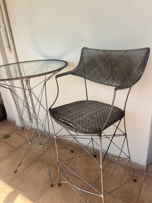 Industrial bar set used, high table with glass top and stool