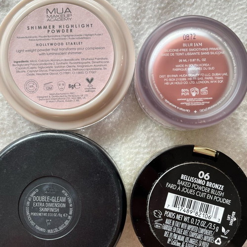 Set of highlighters, blush and primer Mac, Huda Beauty, Milani, Mua used