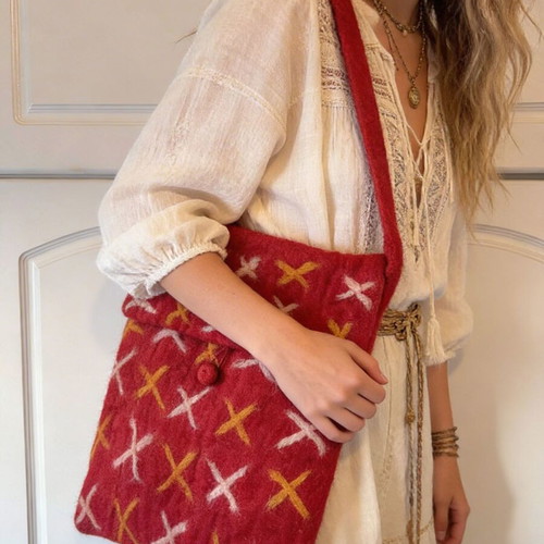 Handmade Crossbody Bag Used from Nepal Red Wool Felt