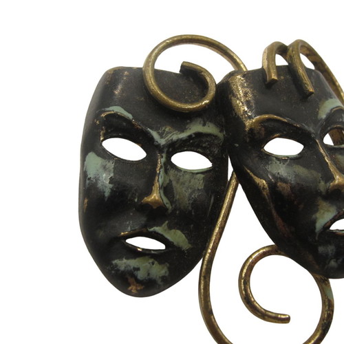 Vintage brass brooch with comedy and tragedy masks, 1950–1960