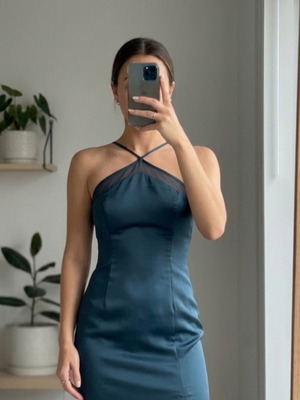 Bill Cost satin dress blue midi with front straps elegant chic like new