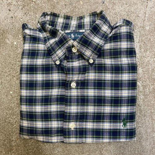 Ralph Lauren Oxford long sleeve shirt, grey green blocked, dark green pony, size L