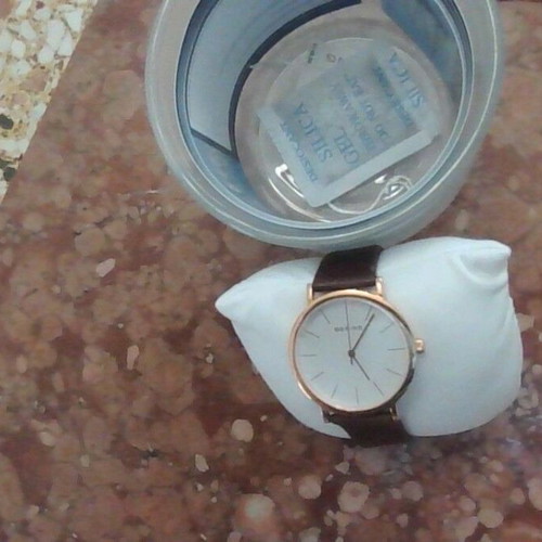 Bering Classic watch, polished rose gold, brown leather strap
