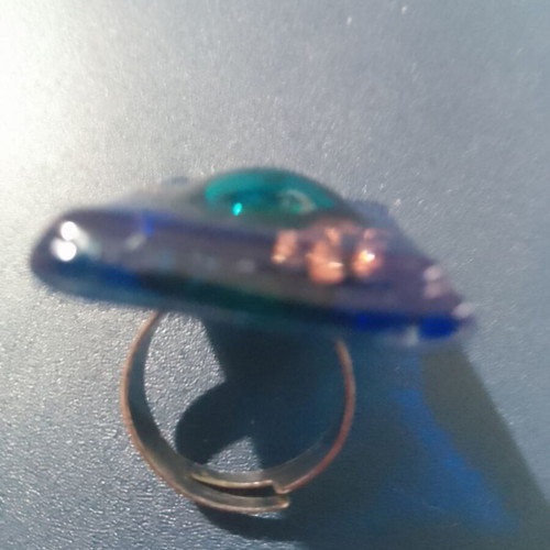 Handmade glass ring in blue and green with gold flakes, new, adjustable