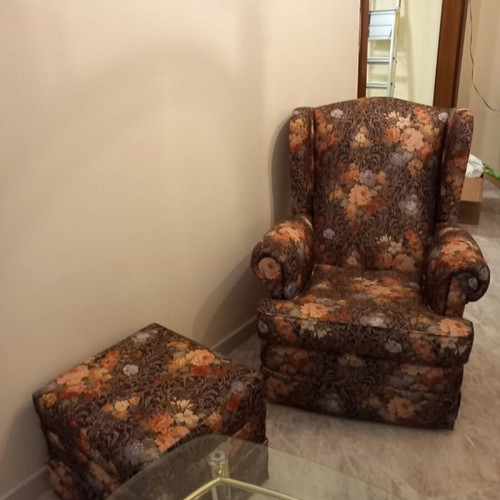 Vintage living room set with 2 sofas, ottoman, and coffee table