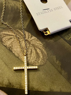 Cross necklace new, gold tone stainless steel with zirconia