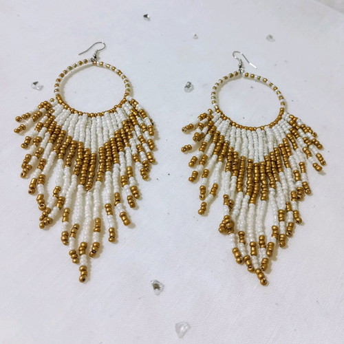 Long boho earrings new with white and gold beads
