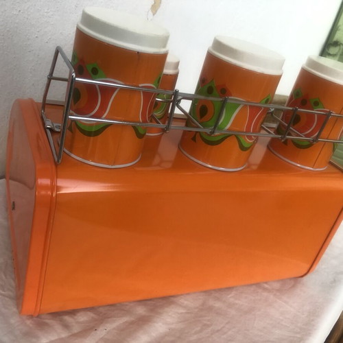 Vintage metal bread box with storage containers