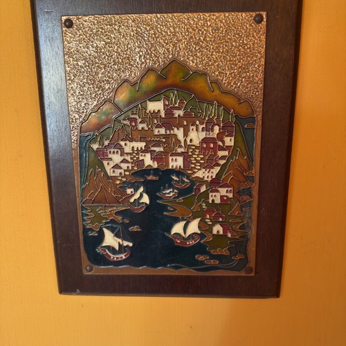 Vintage embossed wall plaque with Greek island landscape, wooden base like new