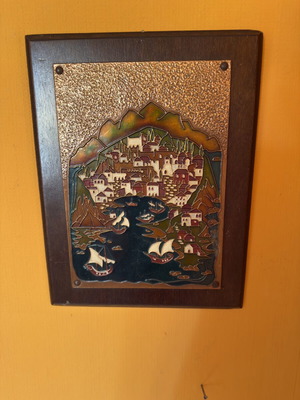 Vintage embossed wall plaque with Greek island landscape, wooden base like new