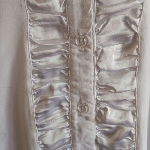 White blouse with satin ruffles and decorative crystal buttons, like new