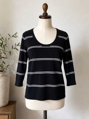 H&M black blouse with white stripes like new, 3/4 sleeves, size XXXL