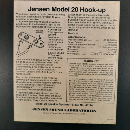 Jensen speakers model 20 used, set of 2, from the 70s