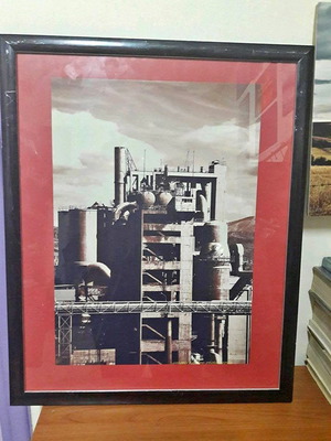 Original large frame with red passepartout and industrial theme used