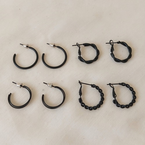 Set of 4 Small Black Stainless Steel Hoop Earrings new