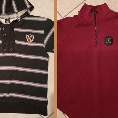Two men's sweaters used, Range cotton striped and Block jeans fleece