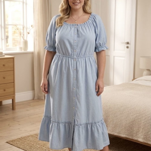 Light blue maxi dress plus size, linen cotton viscose blend