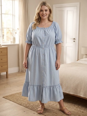 Light blue maxi dress plus size, linen cotton viscose blend