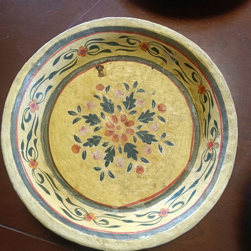 Vintage round papier-mâché table bowls hand-painted, used, set of 6